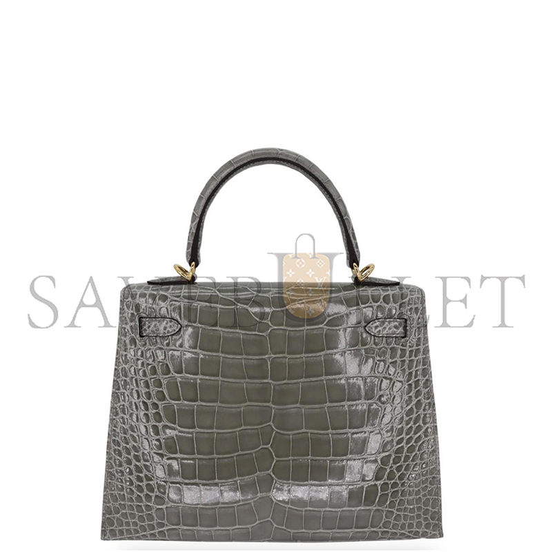 HERMÈS MASTER KELLY 25 SELLIER GRIS CEMENT SHINY ALLIGATOR GOLD HARDWARE (25*17*7cm) 